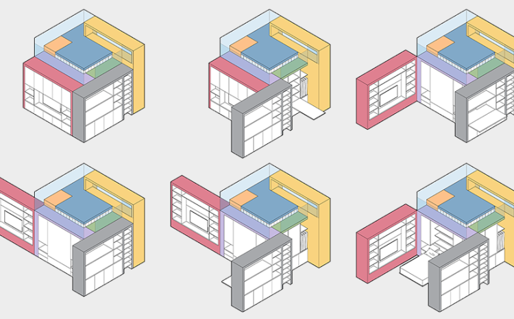 A series of colorful building models with interchangeable rooms.